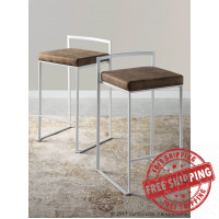 Lumisource B26-FUJI W+FBN2 Fuji Contemporary Stackable Counter Stool in White with Brown Cowboy Fabric Cushion - Set of 2